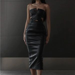 Meshki Sia Faux Leather Cut Out Midi Dress - Black